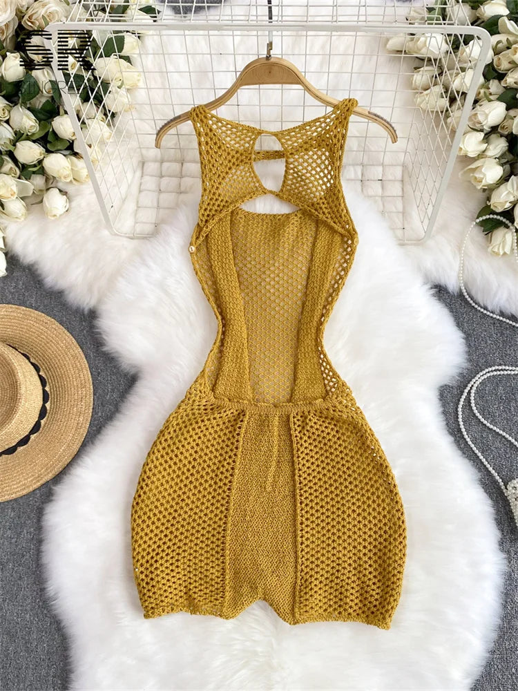 SINGREINY Yellow Sleeveless Jumpsuit Women Hollow Out O Neck Elegant Stretch Transparent Ladies Casual Summer Slim Rompers