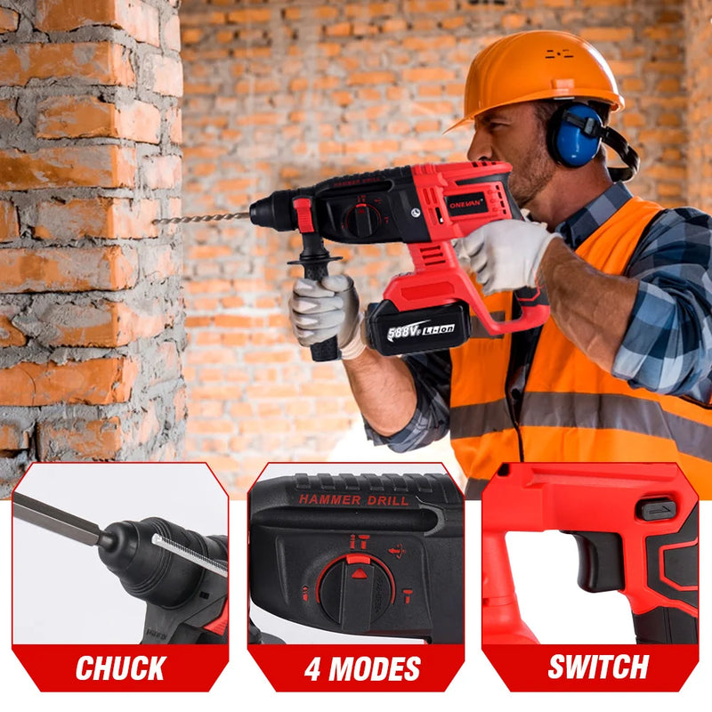 ONEVAN Rechargeable Electric Rotary Hammer 10600BPM Cordless Hammer Impact Drill Woodworking Power Tools For 21V  18V Battery