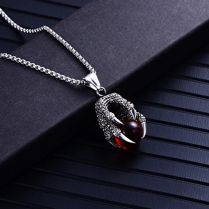 Classic Domineering Dragon Claw Stainless Steel Necklace For Men Punk Red Black Crystal Ball Pendant Necklace Fashion Jewelry