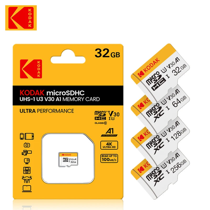 KODAK MicroSD Memory Card 128GB 256GB UP TO 100MB/s Class10 U3 32GB 64GB TF Card 4K HD with Card Reader Adapter Microsd for PC