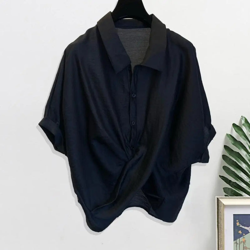 Women Summer Lapel Shirt Tops Batwing Short Sleeve Cross Irregular Design Single Breasted Casual Tops Streetwear