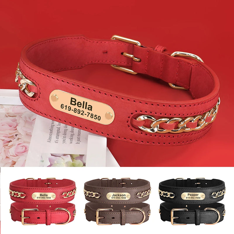 Personalized Dog Collar Durable Leather Dogs ID Collars With Anti-lost Name Tag Chain Accessories for Small Medium Large Dogs