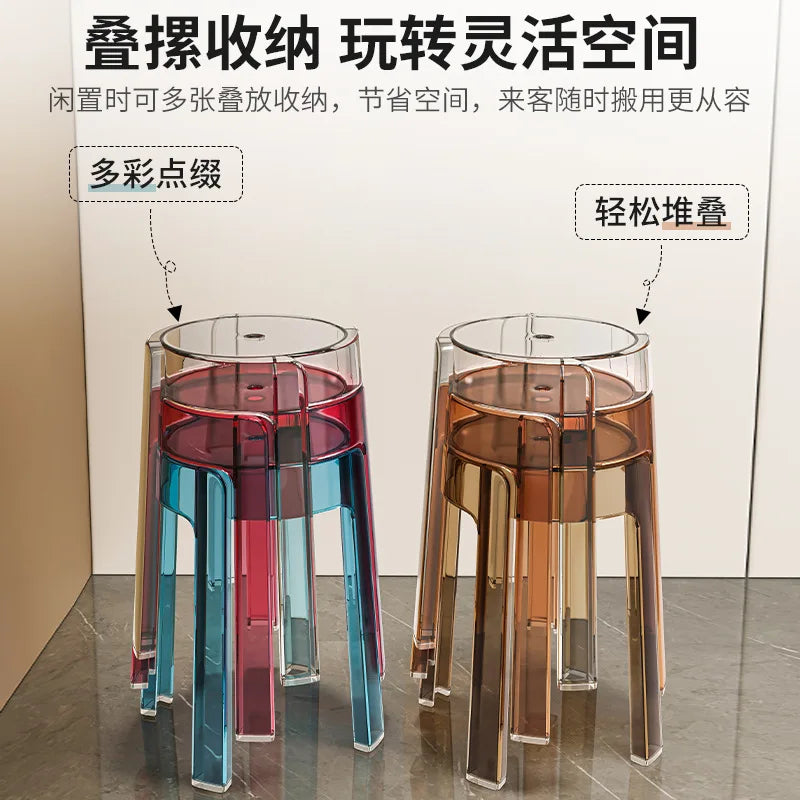Luxury Plastic Transparent Stool, Household Thickened Folding Round Stool, Simple Living Room Bench, Dining Chair, Acrylic Chair