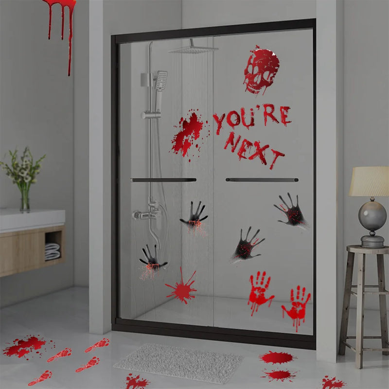 Halloween Warning Tape Wall Door Window Blood Handprint Footprint Stickers Halloween Theme Party Horror Scene Decor Supplies