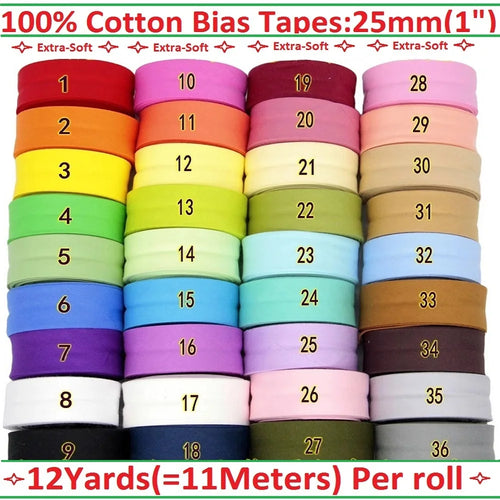 25mm (1“) breites Schrägband 100% Baumwolle extra weich für Babykleidung, hautfreundlicher Stoff, Bügelfertig gefaltet, 12 Yards