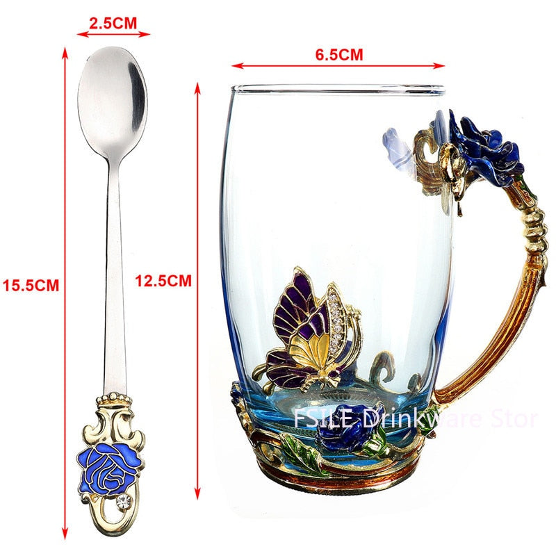 Beauty And Novelty Enamel Coffee Cup Mug Flower Tea Glass Cups for Hot and Cold Drinks Tea Cup Spoon Set Perfect Wedding Gift