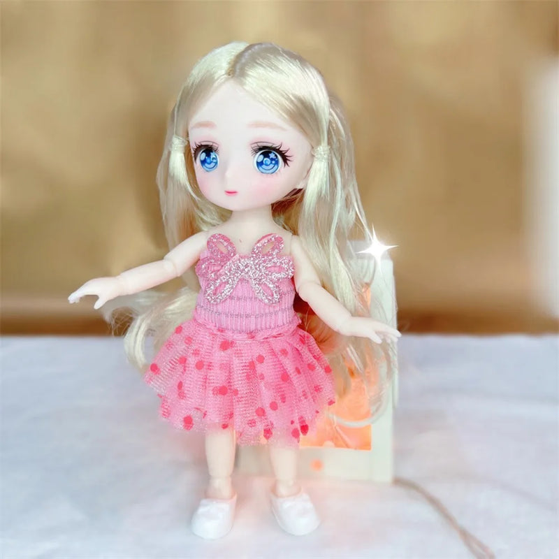 1/8 16CM BJD Doll Ball Jointed Body Anime Eyes Cute Madeup Full Set With Fashion Clothes Headdress DIY Toys For Girl Gift