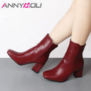 ANNYMOLI Thick High Heel Boots Square Toe Winter Boots Women Ankle Boots  Zipper Ladies Autumn Shoes White Black Red Size 33-43