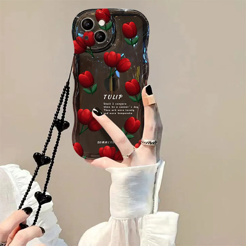 Korea Cute Wave Rose Flower Love Heart Hang Chain Soft Case For iPhone 14 Pro Max 12 13 11 X XS XR 7 8 Plus SE Clear Cover Capa