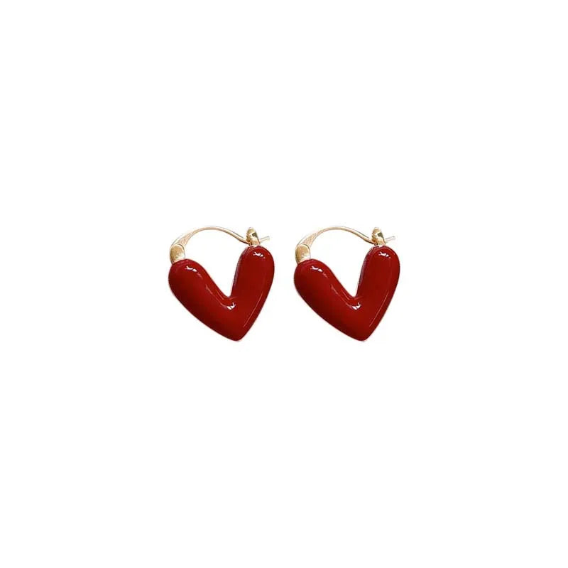 Vintage Red Enamel Love Heart Hoop Earrings For Women 2024 Elegant Dripping Oil Temperament Earrings Wedding Jewelry Gifts
