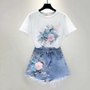 Korean Two Piece Sets Women Clothing Embroidery Short Sleeve White Tshirts High Waist Denim Shorts Outfits Casual Summer Y2k Set