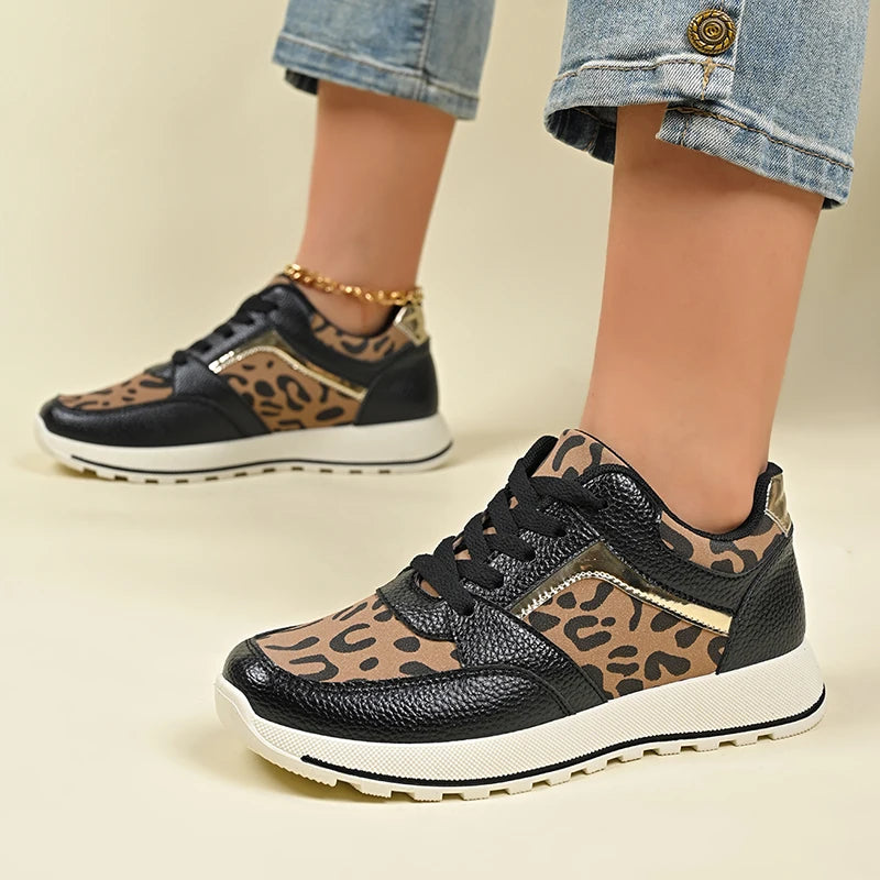 2025 Spring Leopard Print Platform Sneakers Women Black Thick Bottom Vulcanized Shoes Woman Cozy Lace Up Wedge Sport Shoes Woman
