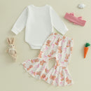 Toddler Girls Spring Floral Ruffle Sleeve Romper and Pants Set with Matching Headband - Easter Bunny Print Outfit for Baby Girls