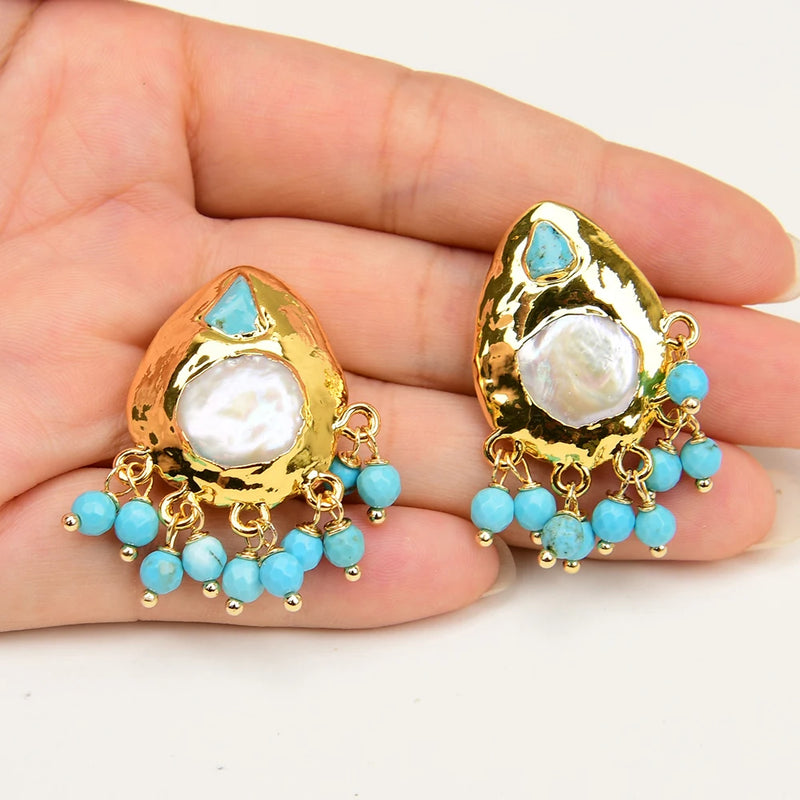 G-G Freshwater White Coin Keshi Pearl Blue Turquoise Gold Plated Earrings Drop Stud Earrings Women Party Gift