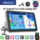 ESSGOO 10" Android 14 4+64G Wireless Carplay Android Auto Car Stereo Radio 1 DIN GPS Navi BT FM RDS WIFI USB EQ SWC w/ Microphoe