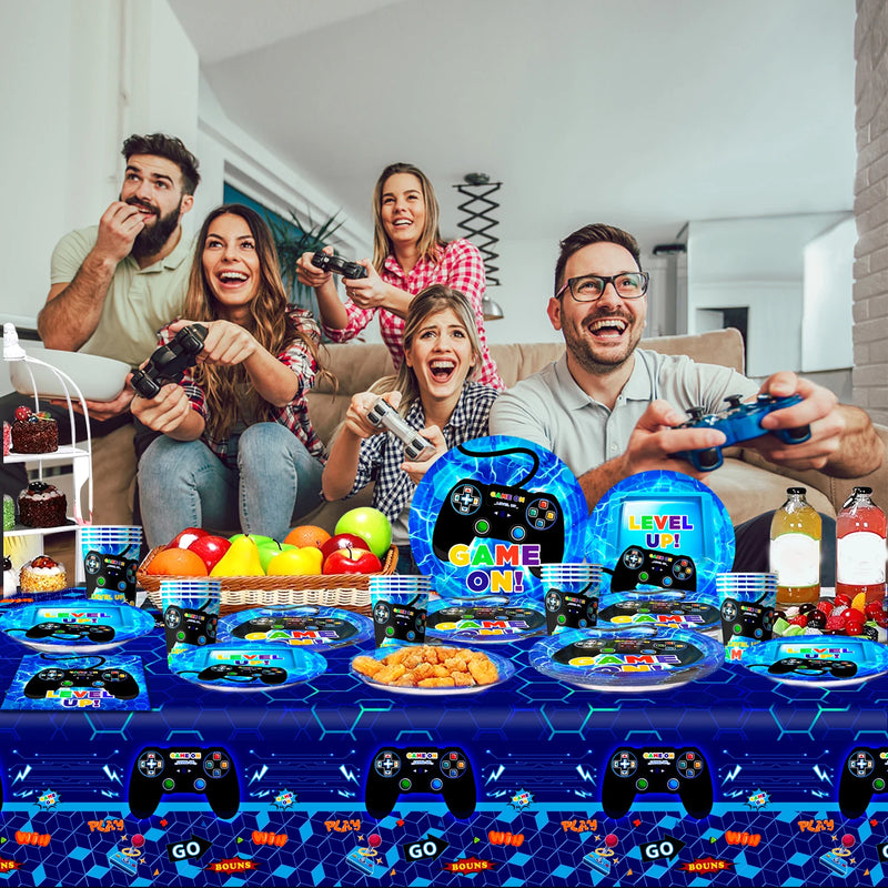 Gamer Birthday Decorations Blue, 65pcs Gaming Party Tableware Set - Game Themed Party Plate Cups Napkins Tablecloth etc