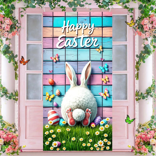 Happy Easter Door Cover Funny Bunny Lining for Doors Easter Spring Colorful Eggs Rabbit Flower Backdrop Home Door Decoration New