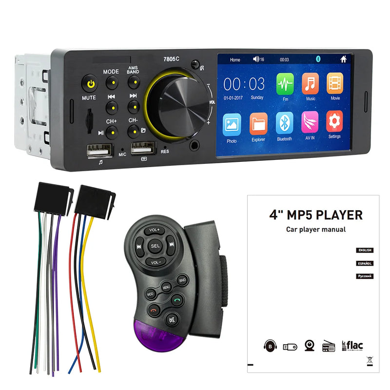 1 Din 4Inch Car Radio Touch Screen Bluetooth Music Handsfree MP5 Player TF USB Charging Remote Audio System ISO Head Unit 7805C