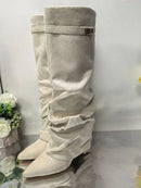 Ladies' Autumn and Winter New Pointed Knee High Women's Boots, Thick High-heeled Long Pants Boots, Fashionable Mid Rise Boots