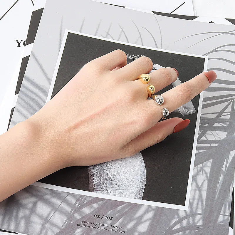 S925 Silver Minimalist Retro Water Drop Opening Plated Real Gold Niche Design Ins Ring Metal Ball Ring Female