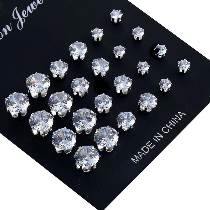 6/12 Pair Mixed Size White Color Cubic Zircon Stud Earrings Set Shine Crystal Ear Studs for Men Women Punk Party Jewelry
