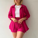 Summer Women Pajamas Fashion 100% Cotton Pink Loose Fitting Casual Pajamas 2-Piece Shorts Lace Up Lady Homewear Wearing Outside