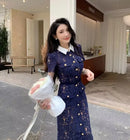 The Cobalt Lace | Floral Lace Patchwork Midi Dress with Retro Turn-Down Collar