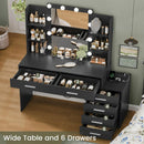 Quimoo 48" Large Vanity Desk with Mirror and Lights, Makeup Vanity with 6 Drawers, Power Outlet, 4 Storage Shelves & Stool,Black