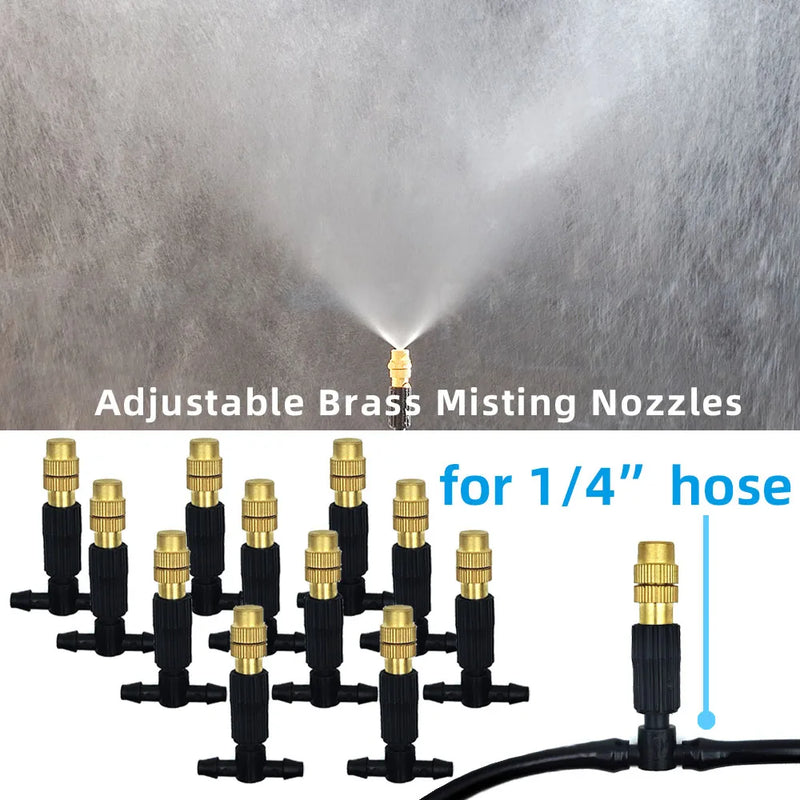 15M-30M Outdoor Misting Cooling System Garden Irrigation Watering 1/4'' Brass Atomizer Nozzles 4/7mm Hose for Patio Greenhouse