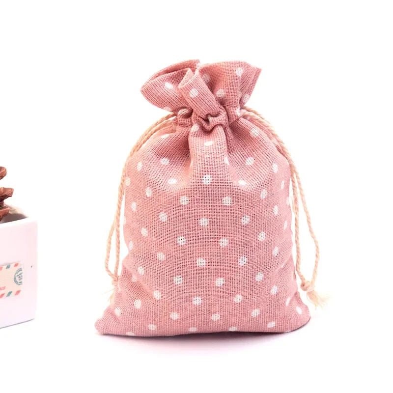 50Pcs/lot  (10x14cm) Linen Printed Cotton Gift Bags Packing Jewelry Drawstring Pouch Cosmetic Wedding Candy Wrappling Reusable