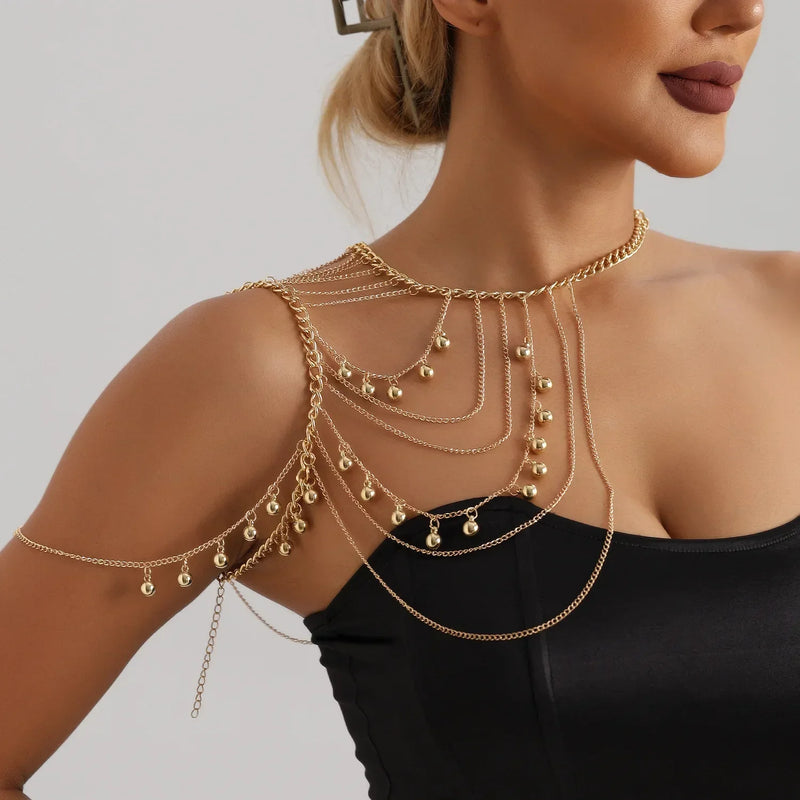 Fashionable Multi-layer Tassel Metal Ball Shoulder Chain Body Chain Personalized Spicy Girl Chest Chain Accessories