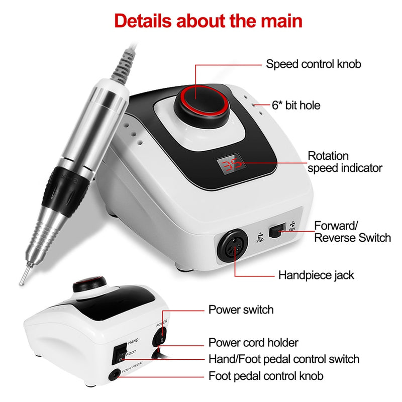 35000RPM Electric Nail Drill Manicure Professional Manicure Pedicure Drill Accessories Electric Nail File with Cutter Nail Tools