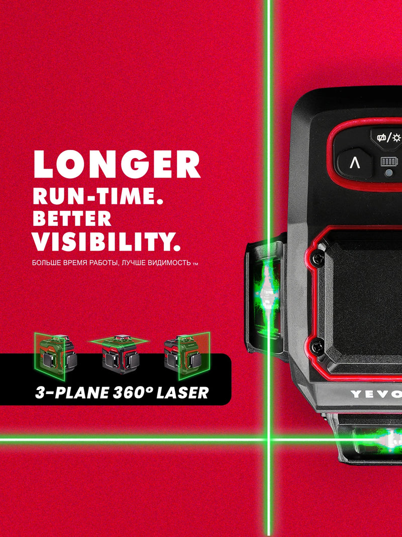 YEVOLT YVGLL4XS12B2PRODP 12-Line 360° Green Laser Level Kit 5200mAh Power Supply Wall Bracket Rotating Base Oxford Bag Tool