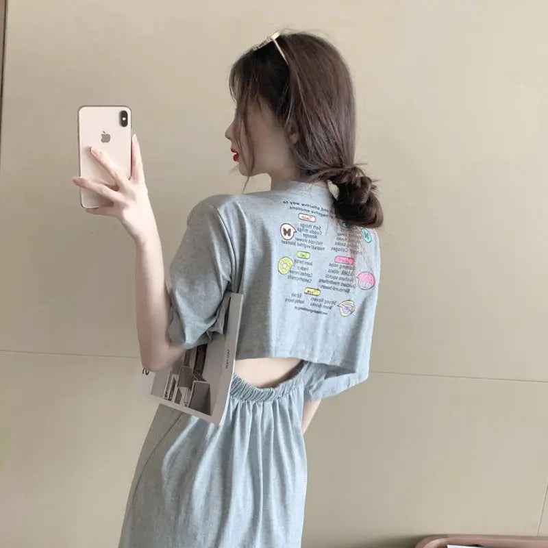 Summer Backless Split Hem Midi Dress Round Neck Short Sleeve Printing Ladies Dresses Korean Fashion Women Clothing