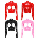 Womens Glossy PVC Leather Crop Top Sexy Mock Neck Long Sleeve Exposed Breast Back Zipper Bodycon Erotic Tops Party Clubwear