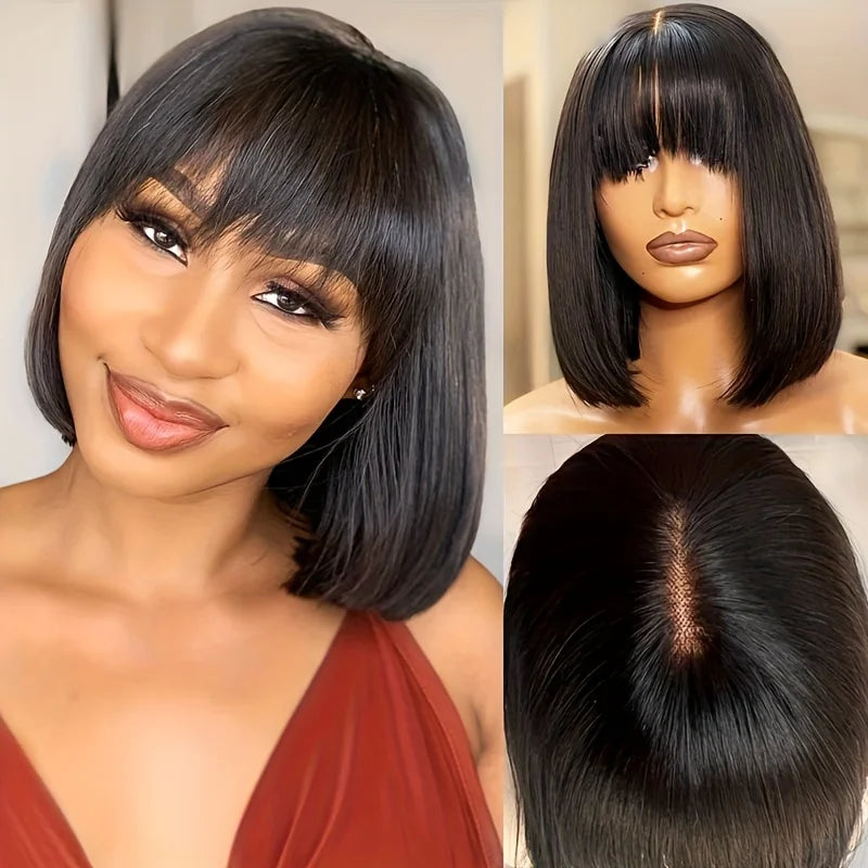 Choice Short Bob Wig Bone Straight 100% Human Hair With Bangs  3x1 Lace Middle Part Wigs For Black Women Bob Wigs