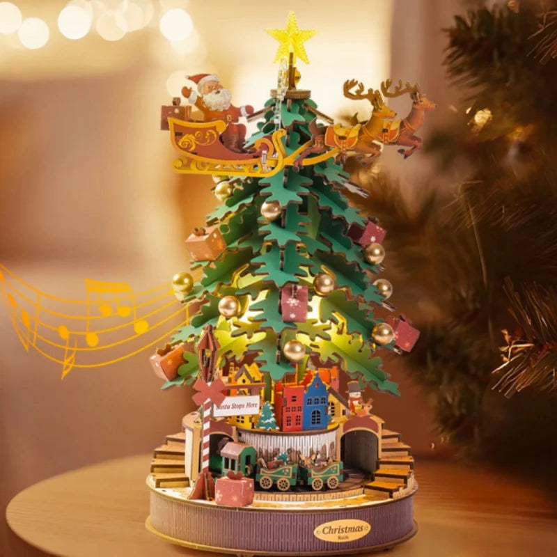Robotime 3D Wooden Puzzles Music Box Christmas Melody Tree Wooden Model Kits for Adults to Build Best Gifts for Adults and Kids