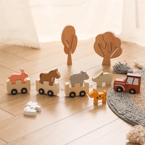 Montessori Spielzeug Baby Tierzug Spielzeug Holz Tier Stapelspielzeug Bauklötze Spiel Praktische Fähigkeiten Warteschlange Lernspielzeug Kindergeschenk