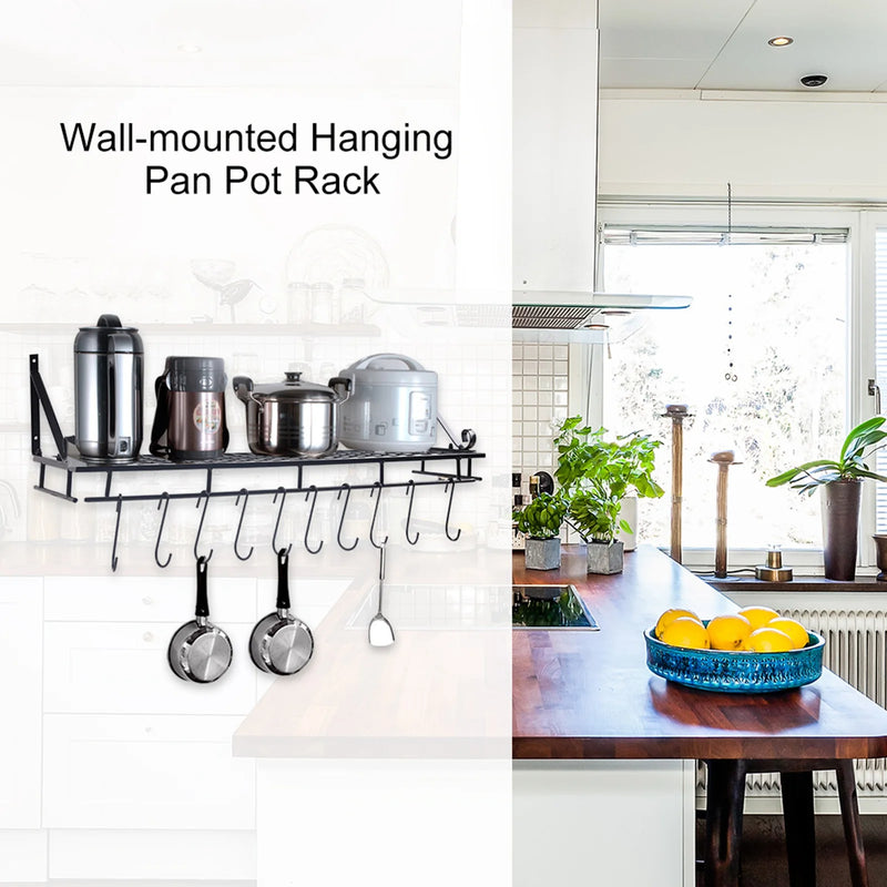 Kitchen Storage Rack Pan Rack Pot Rack Metal Hanging Pan Pot Rack Wall Mounted with 10 Hook Holders Kitchen Storage Organizer