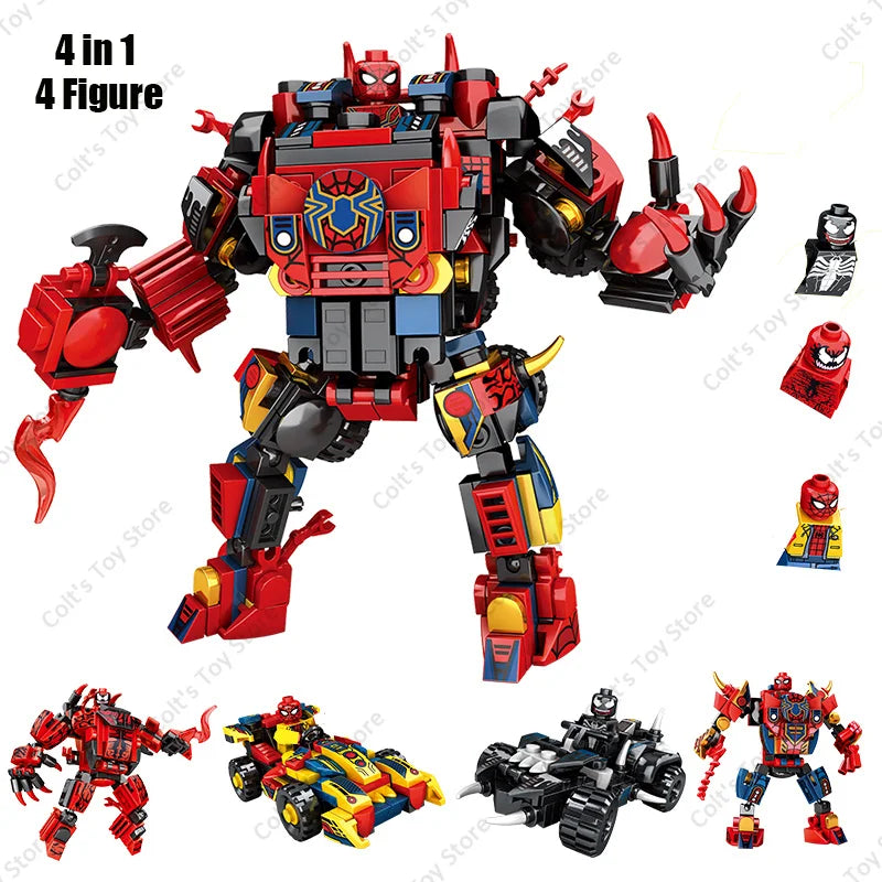 New Superhero Spider Man Venom Chariot Mech Deformation Building Blocks Kits Classic Movie Bricks Model Children's Toy Boy Gifts