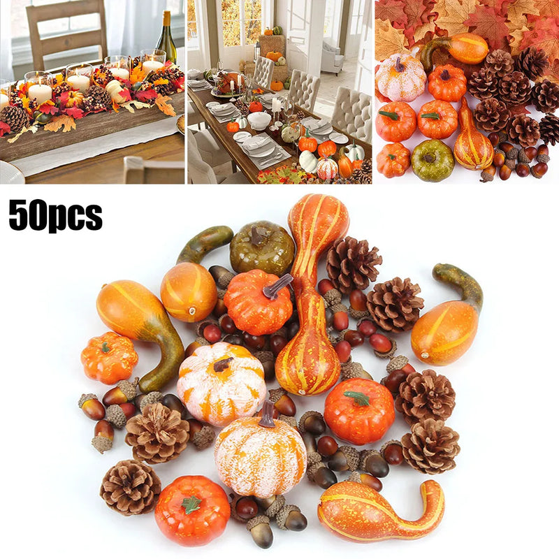 50Pcs Halloween Artificial Pumpkin Autumn Fall Wreath Maple Leaves Pine Cones Set For Christmas Thanksgiving Decor Fall Pumpkin