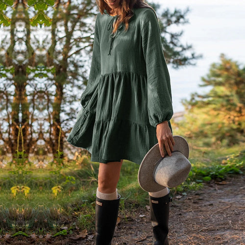 Musselin Kleid aus 100 % Baumwolle im Retro-Stil, locker, mit Schnürung, Rüschen, langen Ärmeln, grünes Kleid für Damen, Robe, elegantes Partykleid, Weihnachtskleidung