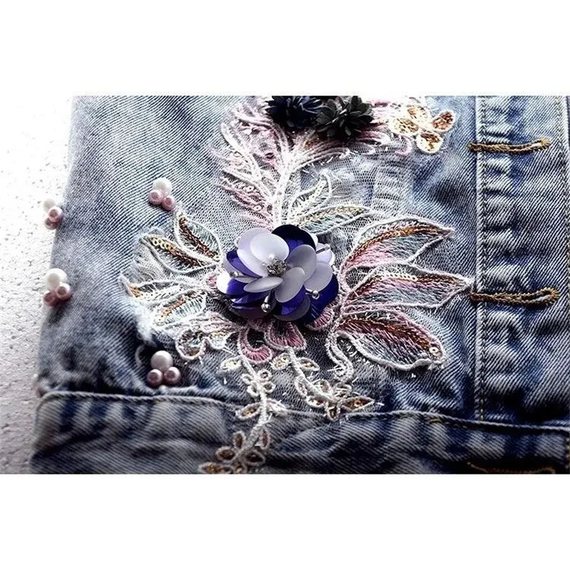 2024 Student Vest Slim Short Jacket Embroidery Flowers Sleeveless Denim Vest Women's Beaded Waistcoat Hole Jeans Vest Coat Girl