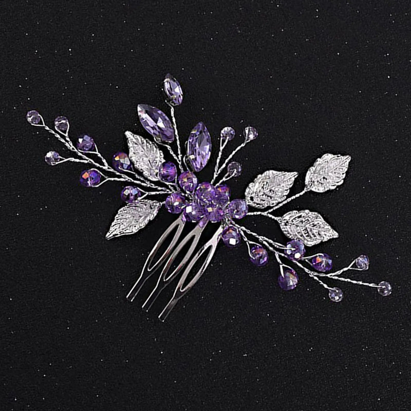 Bride Wedding Hair Combs Purple Crystal Beaded Hairpins Side Clip Silver Color Alloy Leaf Headpiece for Woman Party Hair Jewelry