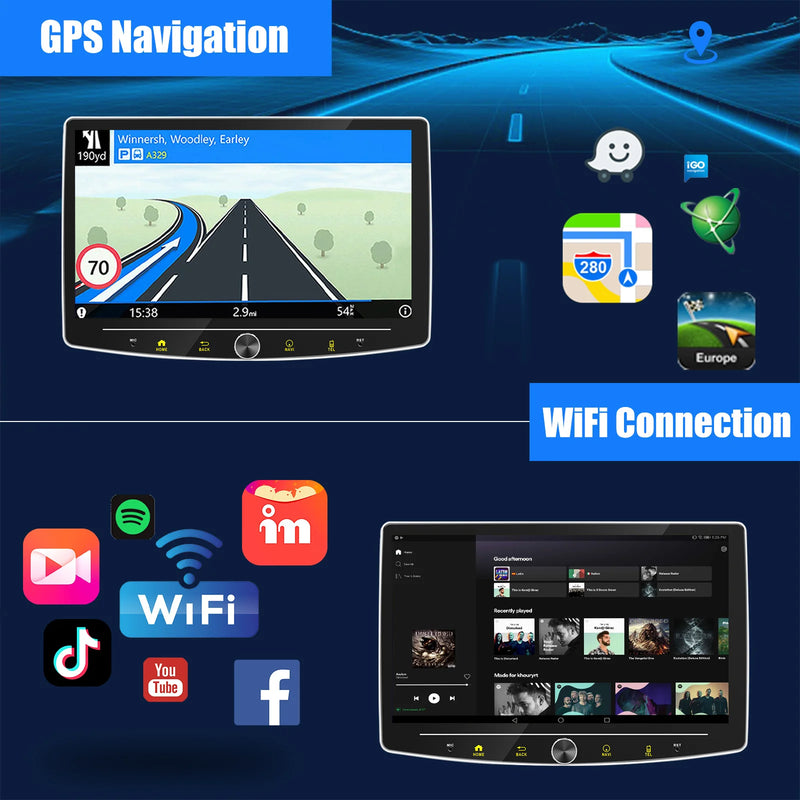 ESSGOO Android 14 4+64G Carplay Car Stereo Radio 1 DIN 10.1" Rotatable Screen GPS NAVI RDS w/ Microphone Knob Colorfull Button