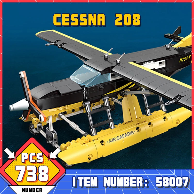 58007 738Pcs Bricks Cessna 208 City Cargo Water Plane WW2 Military High-Tech Plane Technical Model Building Blocks/Toy For Boys