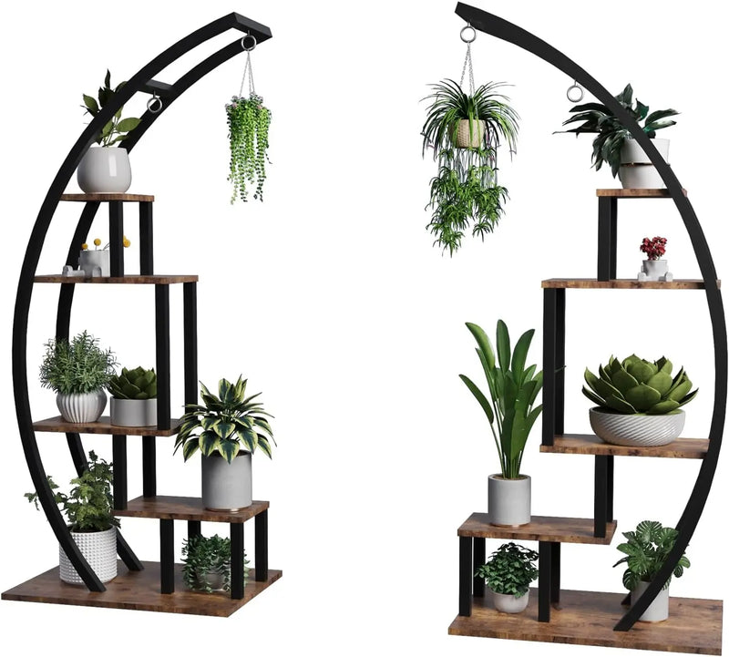 Plant Stand Indoor 2 Pack, 5 Tier Half Moon Plant Shelf, Tall Metal Large Plant Stands, Stylish Tiered Flower Storage Rack