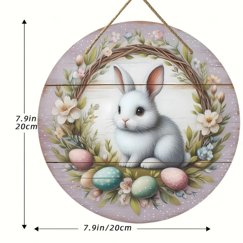 1 piece farmhouse style round wooden Easter bunny logo, 7.87 inch made wooden wreath with lilies and spring decoration, farmhous