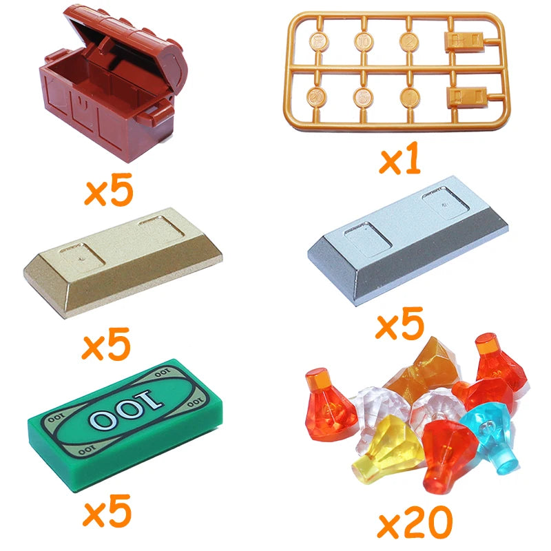 City Treasure Chest Gem Box Gold Silver Diamond Dollar Cents Money Coins Cash Bricks Accessory Printed MOC Toy Building Block