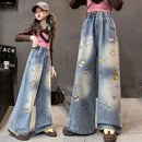 Mädchen Jeans Frühling Herbst Cartoon Weite Beine Jeans für Teenager Kinder Schwere Stickerei Stern Loose Straight Leg Hose für Kinder